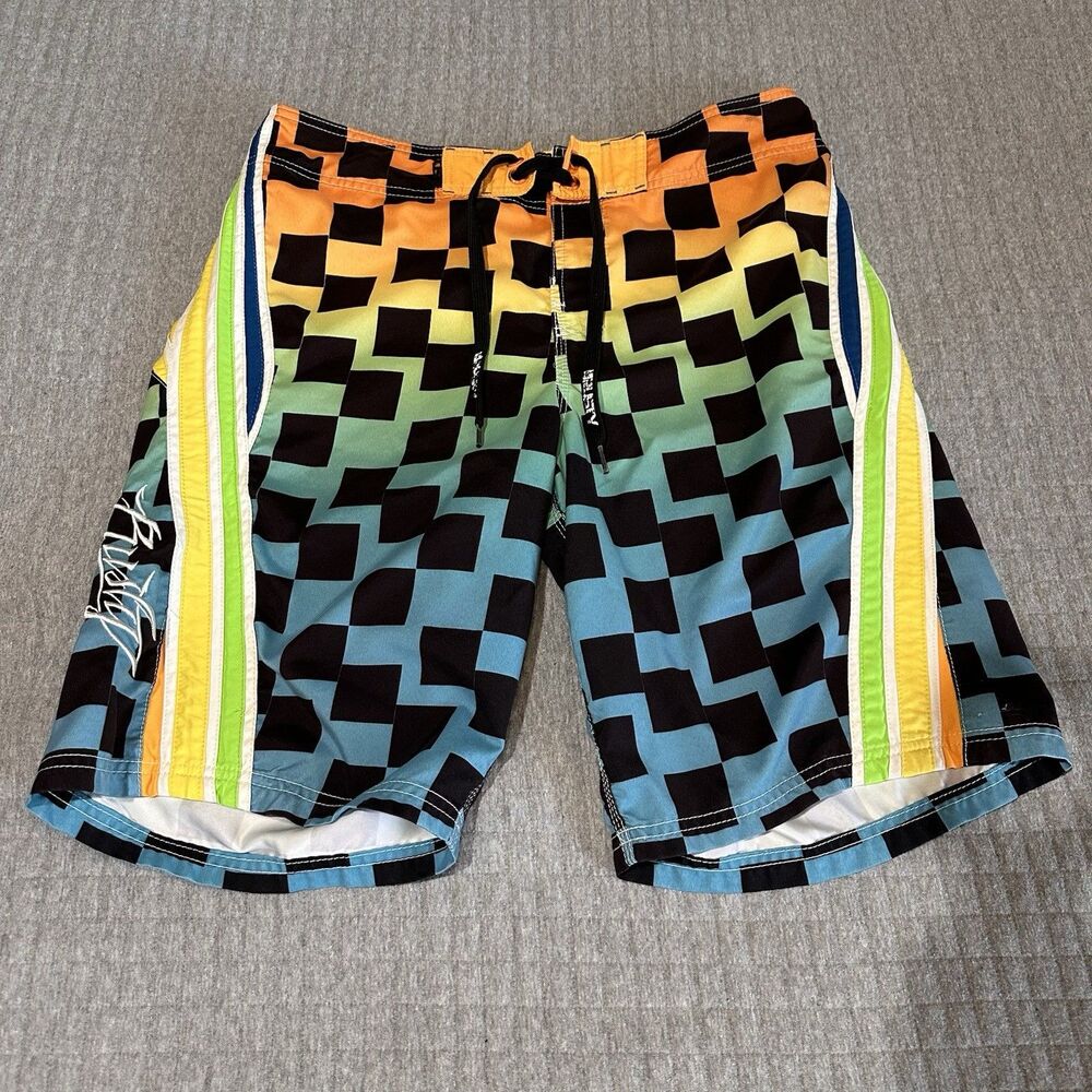 Rusty Vintage Y2K Men’s Board Shorts  Checkerboard Surf Drawstring Swim Size 34